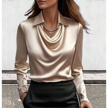 Blusa de satn de seda para mujer, elegante camisa de trabajo de manga larga, elegante y informal de negocios para oficina - Champán + M - Ver 4
