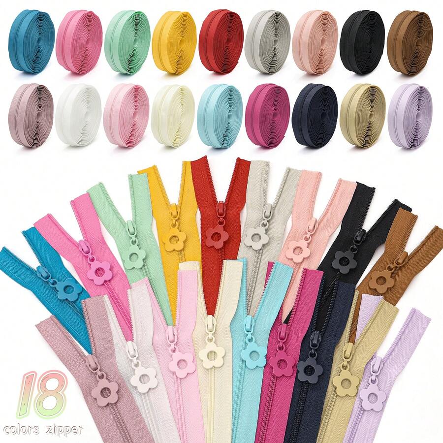 1 Set = 450cm/5 Yards Zipper + 10pcs Zipper Pulls, #3 Nylon Colorful Zippers With Matching Flower Zipper Pulls, 18 Color Options, Suitable For Clothing, Bedding, Bags, Pockets, Luggage, DIY Crafts Sewing