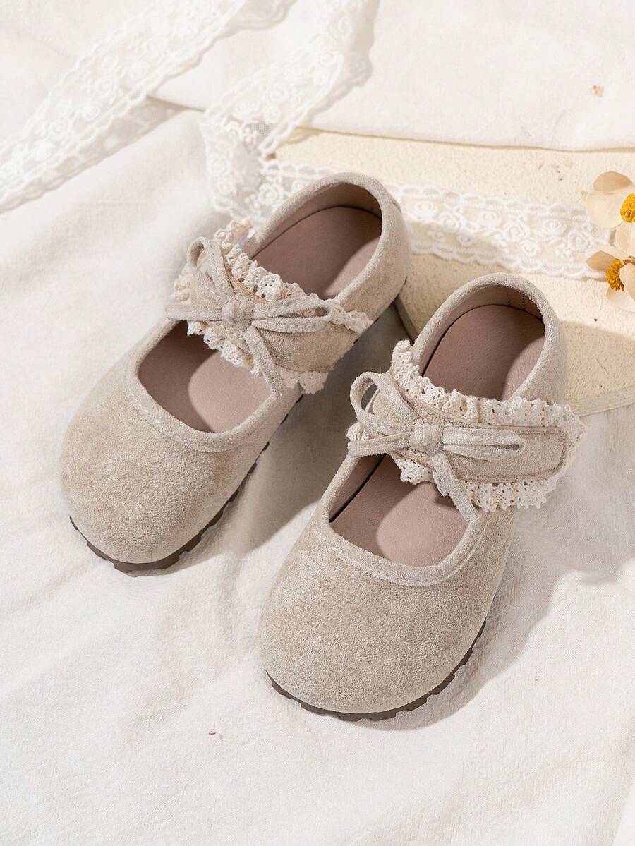 1 Pair Girls' Children Lace Trim & Bow Decor Flat Shoes, Round Toe, Hook And Loop Closure, Soft & Comfortable, Fashionable & Cute Princess Style Shoes, Suitable For Outdoor/Street Wear, All Seasons - Beige - View 1