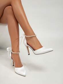 女士新款性感优雅约会之夜派对婚礼蝴蝶珍珠绑带尖头高跟鞋 - 白色 - 查看 2