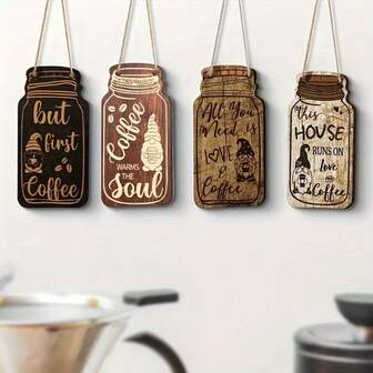 4pcs Bohemian Wooden Coffee Sign - Inspirational Quotes Wall Decor Plaque, Coffee Pot Shaped Pendant Decorations For Home, Cafe And Party, Coffee Bar Accessories