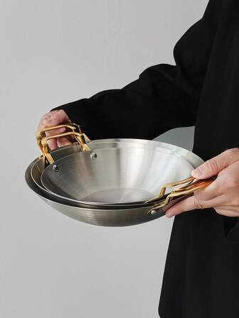 1pc Creative Stainless Steel Seafood Platter, Gold Double-Ear Flat Bottom Casserole Dish, Suitable For Restaurants, Living Rooms, Gatherings, Hotels And Parties