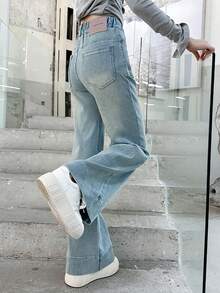 少女休闲宽松弹力腰阔腿牛仔裤 - 藍色 - 查看 5