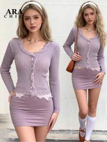 ARA CHIC 女士紫色高级流苏V领针织开衫——设计感十足的修身毛衣，适合学术和通勤场合。冬季新品上市。 - 紫色 - 查看 9