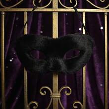 3D柔软毛绒面具和眼罩套装，适合万圣节、音乐节、化装舞会、情侣等场合。 - 黑色 - 查看 5