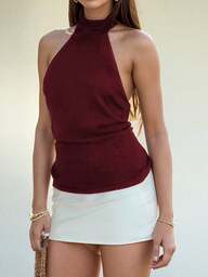 1pc Solid Color Knit Backless Tie-Up Crop Top, Suitable For Beach, Evening Date, All Seasons