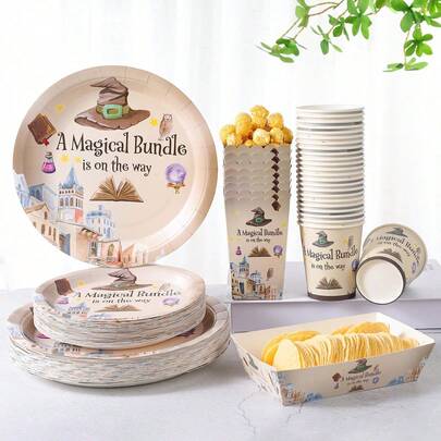 Bộ đồ dùng tiệc in hình chủ đề Trường học Phép thuật gồm đĩa, cốc, hộp đựng bỏng ngô, hộp đựng thức ăn, phù hợp cho 24 khách, bộ đồ dùng ăn uống bằng giấy dùng một lần cho sinh nhật, đám cưới, tiệc tùng, dã ngoại gia đình.