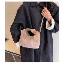 1个女士毛绒人造毛皮手提包，毛绒单肩包，斜挎包，手提包 - 卡其色 - 查看 8