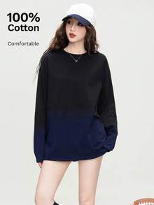 JUTU 女士甜美优雅长袖T恤，春季新款渐变色舒适家居休闲度假装 - 0A48黑色 - 查看 1