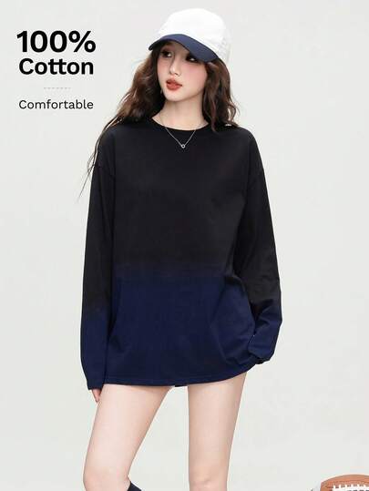 JUTU 女士甜美优雅长袖T恤，春季新款渐变色舒适家居休闲度假装