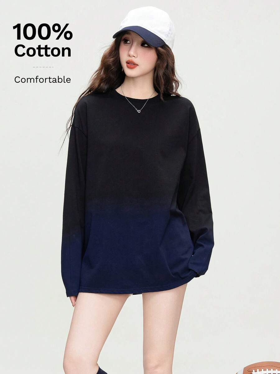 JUTU 女士甜美优雅长袖T恤，春季新款渐变色舒适家居休闲度假装 - 0A48黑色 - 查看 1