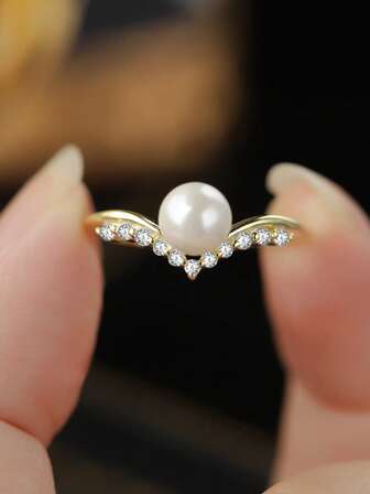 1pc S925 Sterling Silver Gold Plated Faux Pearl Micro-Inlaid Diamond Ring, Twisted Arm Niche Design Luxurious & Versatile Women's Ring, Suitable For Daily Wear, Best Gift For Partner Or Friend, High-End Women's Jewelry