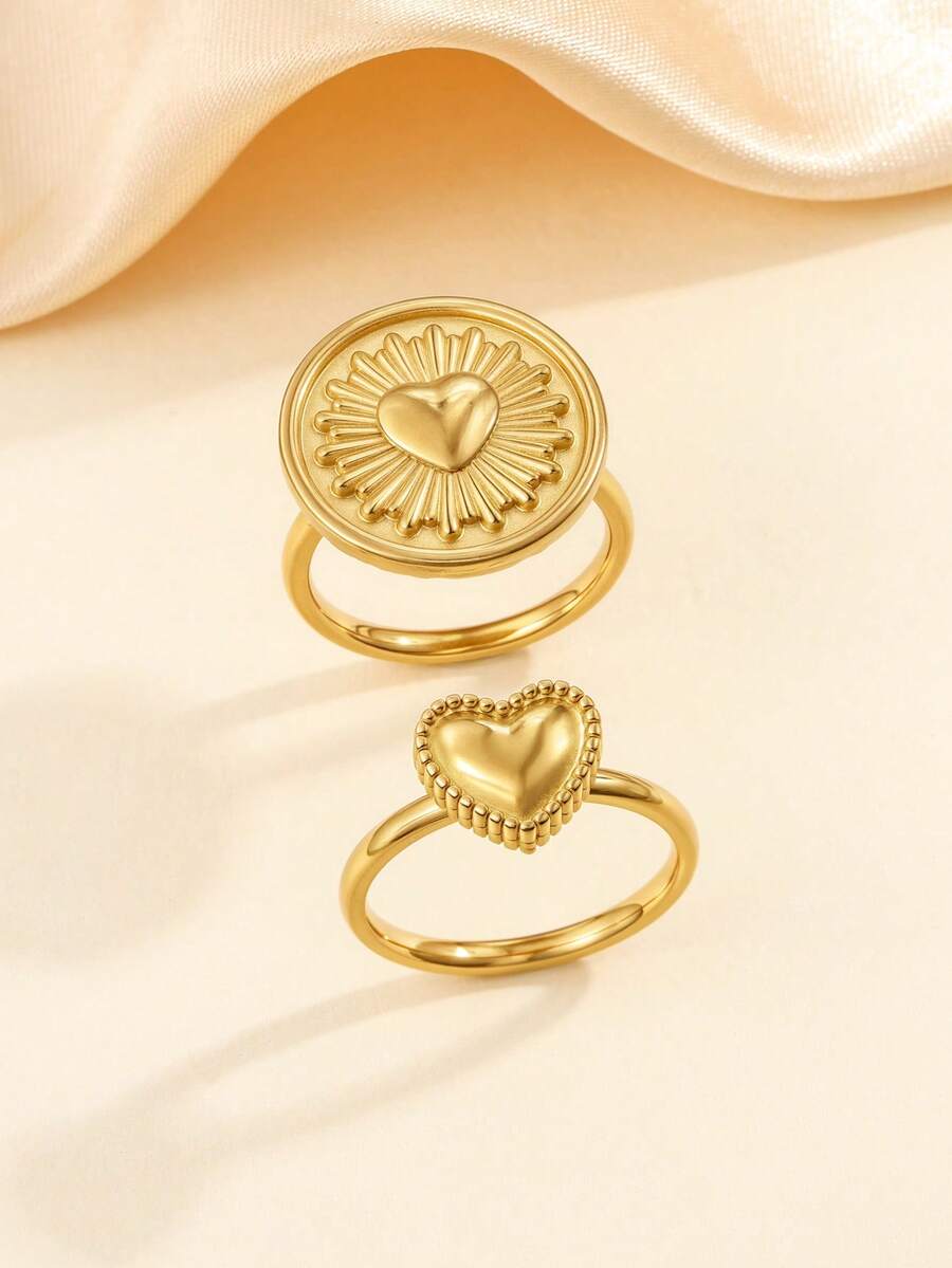 2件套不锈钢时尚休闲金色心形戒指，适合女性日常佩戴或作为礼物 - 金黃色 - 查看 1