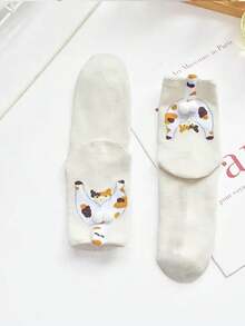 1/5 Pairs Comfortable Funny Upside Down Cat Ball Pom Pom Mid-Calf Socks, Suitable For All Seasons - Multicolor - View 11