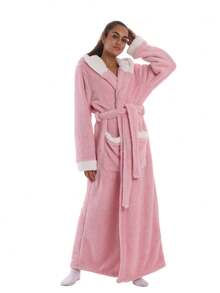 1pc Thick Plush Bathrobe, Basic Casual Loungewear, Warm & Comfortable, Suitable For Home, Holiday Gift - Pink Hooded - View 4