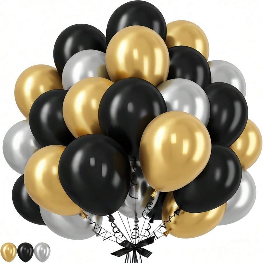 46 piezas/27 piezas Globos de látex negros, plateados metálicos, dorados metálicos de 10 pulgadas, adecuados para el Día de San Valentín, cumpleaños, boda, despedida de soltera, decoración de Año Nuevo, fiesta de globos, decoración de otoño, fiesta de jubilación, fiesta de soltero, decoración con globos, telón de fondo para fotos, decoración interior y exterior variada - Negro y plata - Ver 1