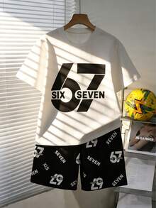 2pcs/Set Cool Boys'' Six Seven T-Shirt Set! Casual Outdoor Sports Outfit For Tween Boys, Featuring Number & Letter Print Round Neck Dropped Shoulder Short Sleeve T-Shirt And Matching Six Seven Shorts, Spring/Summer - Black - View 10