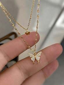 1pc Double-Layered Gold-Tone Butterfly Necklace With Rhinestones, Alloy Material, Perfect Gift For Girlfriend - Gold - View 3