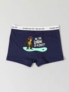 Valentine's Day Men's Blue Printed Boxer Briefs, Cartoon Monkey & Letter Print Elastic Holiday Underwear - Blue - View 3