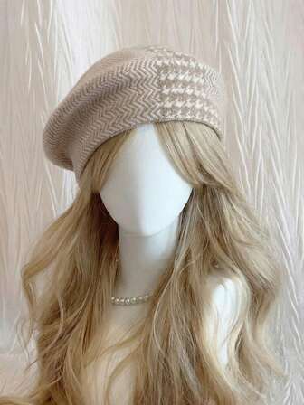1 pieza Boina de lana 100% pura y gruesa para mujer, gorra elegante con patrón de pata de gallo en tejido de jacquard de bloques de color, para otoño/invierno