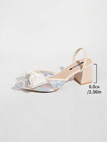 Dép bít mũi cao gót lưới màu trắng thắt nơ, sandal xỏ ngón thêu ren mũi nhọn, gót mỏng và gót dày, gót đế chunky. - Màu xanh lam - Xem 7
