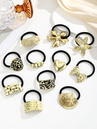 Minimalist Metal Plates Design Casual Geometric Pattern Zinc Alloy Hair Ties, Elegant Gold Hair Scrunchies For Buns, Suitable For Spring, Summer, Autumn, Winter ,Ponytail ,Hair Elastics ,Hair Rubber Bands ,Hair Rope ,Elastic Hair Tie