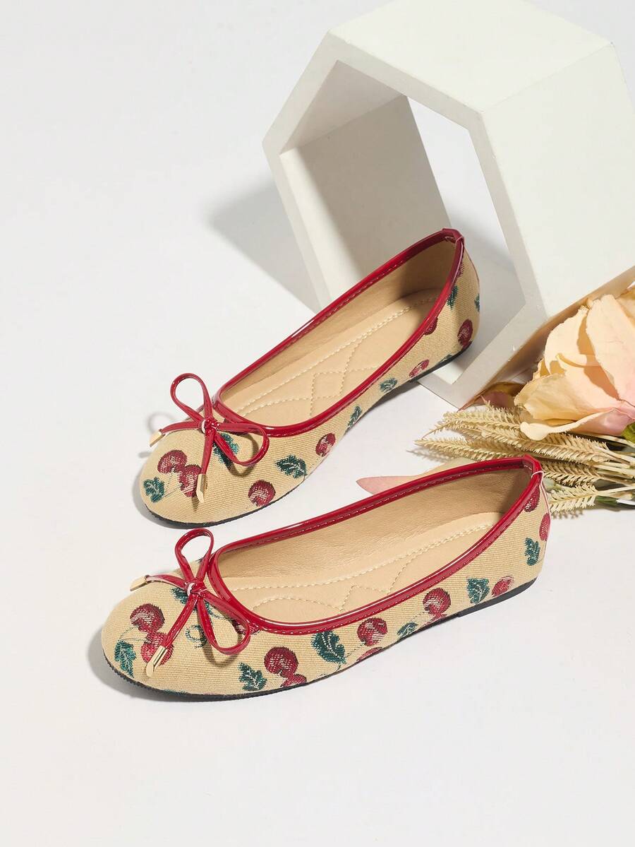 Women's Ballet Shoes, Slip-On Round Toe Casual Loafers With Cherry Blossom & Bow Design, Suitable For Dresses - Apricot - View 1