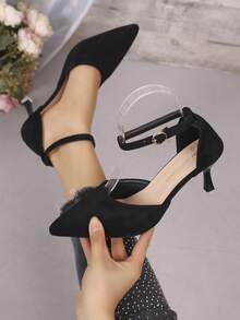 Women's Pointed-Toe D'Orsay Low-Heel Pumps With Ankle Strap For Banquets - Black - View 3