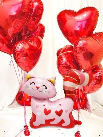 11pcs Valentine's Day Balloon Set, Includes Heart-Shaped Cat Foil Balloon, 18-Inch Red Heart Balloons, Suitable For Romantic Valentine's Day Party Decor, Wedding Decor, Anniversary, Bridal Shower, Birthday Surprise Photoshoot Props