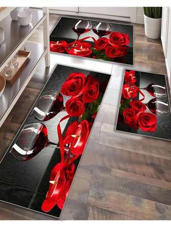 סט שטיחים למטבח 1/2/3 חלקים, שטיח מטבח אדום וסט שטיחים, שטיח קטן לעיצוב מטבח בצבע יין אדום, שטיח למסדרון ורוד, 100% פוליאסטר, מונע החלקה, רך ונוח, קל לניקוי, מתאים לחדר שינה, סלון, פינת אוכל, מטבח, חדר אמבטיה