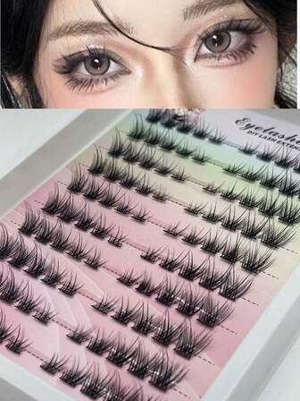 100 Clusters/10 Pairs Extra-Volume Fox-Shaped Flared Eyelash Extensions, Natural Segmented Black Lashes