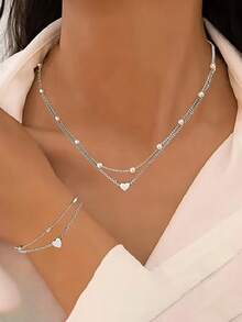 مجموعة مجوهرات 3 قطع من سوار وقلادة ذات طبقتين بتصميم قلب أنيق وبسيط، مناسبة للارتداء اليومي وكهدية