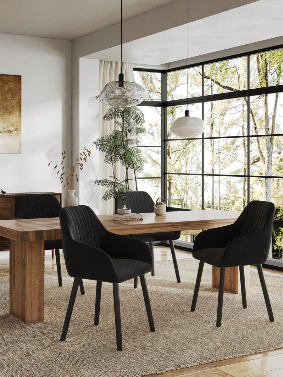 Goeurvant Modern Vertical-Stripe Upholstered Dining Chairs With Armrests And Solid Wood Legs For Dining Room, Kitchen, Living Room - Set Of 2 / Set Of 4 / Set Of 6 - Black - 黑色 - 查看 1