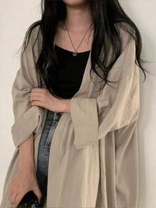 Chaqueta tipo cárdigan holgada de manga larga para mujer Gabardina ligera de color liso para mujer Blusa con protección solar para mujer - Caqui - Ver 1