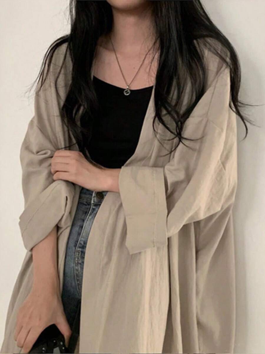 Chaqueta tipo cárdigan holgada de manga larga para mujer Gabardina ligera de color liso para mujer Blusa con protección solar para mujer - Caqui - Ver 1