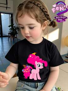 [ma baoli] camiseta de verano para niñas - estampado de lindo pony - suéter estampado de cuello redondo, con tejidos blandos de poliéster, adecuado para niñas en verano, envío de almacenes locales, ropa de verano para niñas de estilo dibujos animados, adecuado para ocasiones diarias, viajes. - Negro-2 - Ver 1