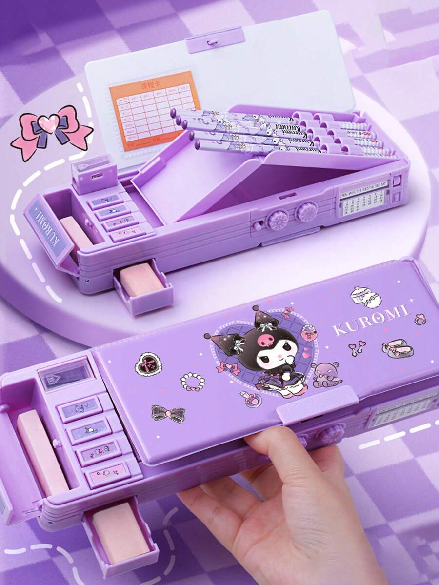 Sanrio Kuromi多功能铅笔盒，大容量文具盒，带可拆卸托盘和多个隔层，可爱的三丽鸥收纳盒，适合学生、女生、大学生、办公用品 - 彩色 - 查看 1