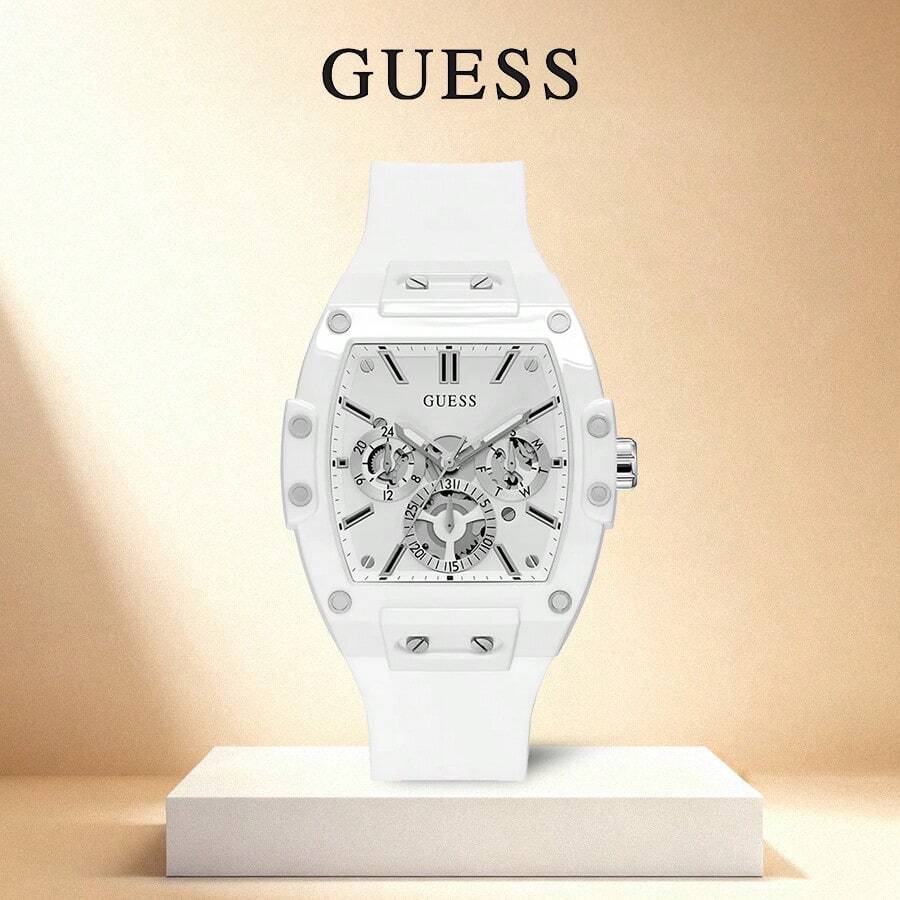 Guess Phoenix GW0203G6 Multifunktions-Herren-Quarzuhr mit gelbem Silikonarmband und schwarzem Tonneau-Zifferblatt, Lässig-Uhr für den täglichen Street-Style, sportlichen Stil, stilvolles Geschenk für Männer und Freund