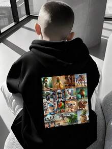 Tween-Jungen 1 Stück Lässig Bedruckter Pullover Sweatshirt, warm thermisch gefüttert, Langarm, Herbst/Winter, Schüler/Jugend Kleidung - Spaßiger und bunter Sweatshirt um die Fantasie anzuregen - Schwarz - Übersicht 7