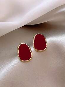 1对简约别致高端不对称几何设计独特优雅日常百搭耳环，适合聚会、派对、秋冬季节女性复古风耳环 - 酒紅色 - 查看 6