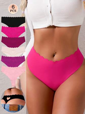 6 ชิ้น กางเกงในไร้รอยต่อผู้หญิง เอวต่ำ กลวงออก รูปทรงความรัก เซ็กซี่ ทองสีชมพู ชุดชั้นในเปิดเทอม