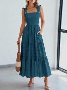 Women Summer Sleeveless Tie Shoulder Strap Smocked High Waist A-Line Long Maxi Dress Boho Beach Holiday Vacation Valentine Sundress With Pockets - cái hồ màu xanh - Xem 5