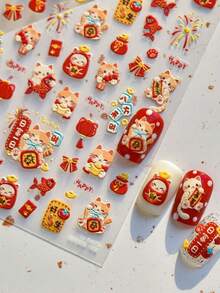 1 miếng dán móng tay hình mèo may mắn dập nổi, cá chép, pháo hoa, túi may mắn, thỏi vàng, nơ, đèn lồng, móng tay giả 5D, nghệ thuật làm móng, lễ hội, thịnh vượng, móng tay tự dính cho nữ, đồ trang trí móng tay DIY, phụ kiện làm móng - Nhiều màu - Xem 4