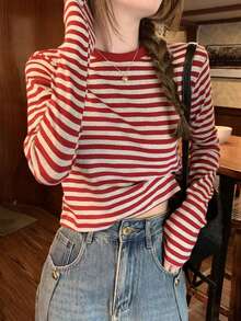 Early Spring Korean Style Colorblock Striped Cropped Design Versatile Long Sleeve Women T-Shirt Top (Stripe Pattern Random) Casual Red - Red - View 4