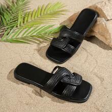 Women's Fashion 2026 Summer Bohemian Style Flat Square Toe Criss-Cross Black Slip-On Casual Sandals, Suitable For Beach, Vacation, Home, Daily Wear, Ramadan Essential - Black - View 11