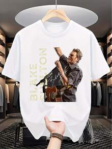 Camiseta Casual de Manga Corta para Hombre - Impresión de Tiburón y Gato de Dibujos Animados, Tela Transpirable, Ropa de Calle Cómoda para el Verano, Cuello Redondo, Ajuste Regular, Camiseta de Uso Diario| Camiseta gráfica divertida| Ajuste cómodo - Blanco - Ver 1