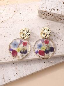 1 Pair Naturalistic Resin Dried Flower Decor Exaggerated Round Pendant Earrings, Versatile For Daily Wear, Vacation, And Gift, Natural Dried Flowers May Have Slight Differences From Pictures - Multicolor - View 8