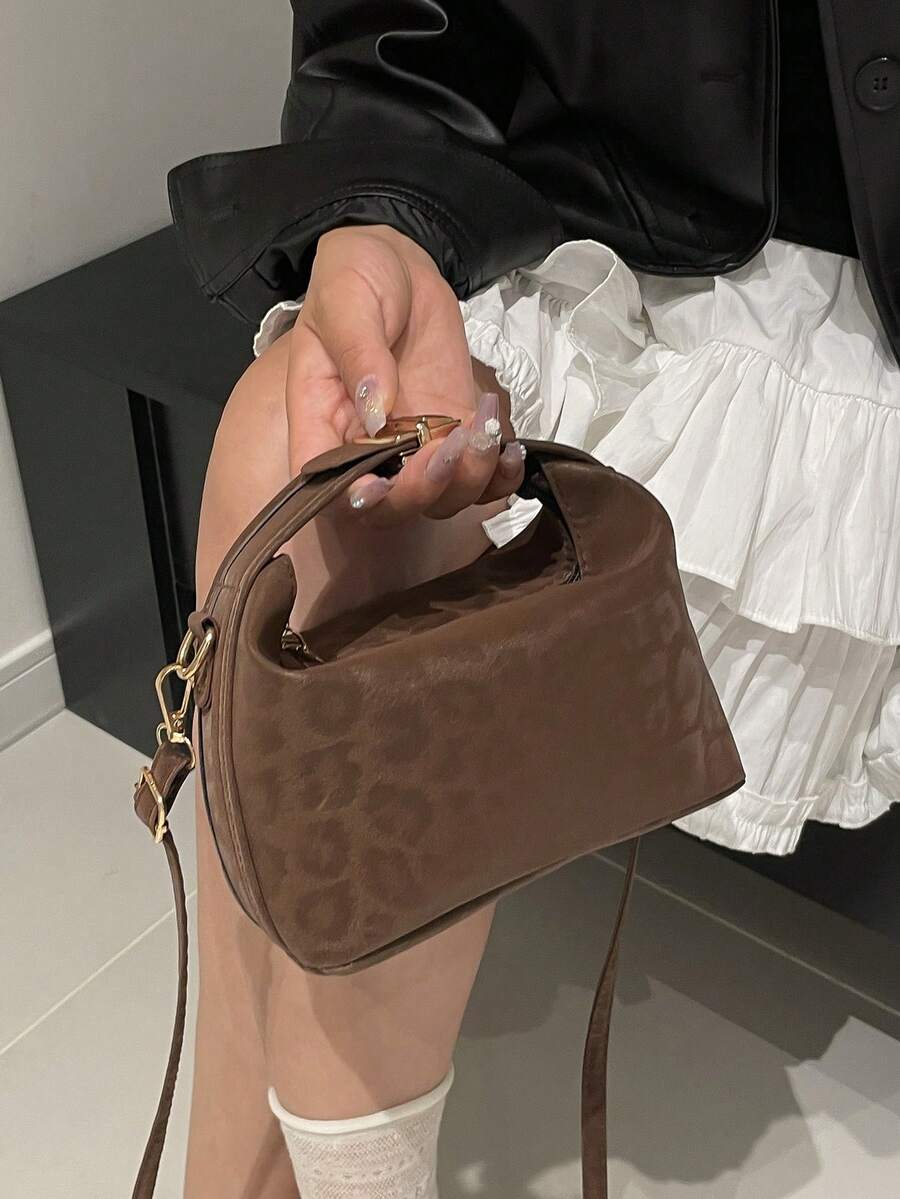 1pc Mini Faux Brown Suede Boxy Bag With Adjustable Shoulder Strap, Zipper Closure Fashion Crossbody Handbag For Women, Suitable For Daily Use, Dates, Shopping, Work - Coffee Brown - View 1