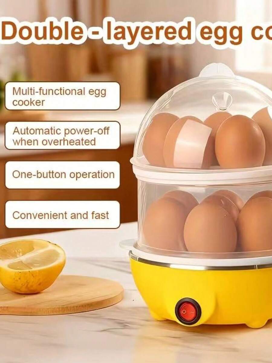 Un hervidor de huevos rápido diseñado para el mercado estadounidense, capaz de cocinar al vapor 7/14 huevos que son fáciles de pelar, que incluye un hervidor de huevos automático, con un hervidor de huevos eléctrico amarillo.