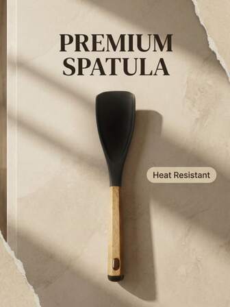 1 件装防刮不粘硅胶平头铲。黑色橡胶铲身柔软，不会刮伤锅面。适用于厨房翻炒、煎肉和烹饪。实木手柄防滑耐热。平头铲头贴合锅壁。硅胶材质耐热。是家庭厨房必备佳品。